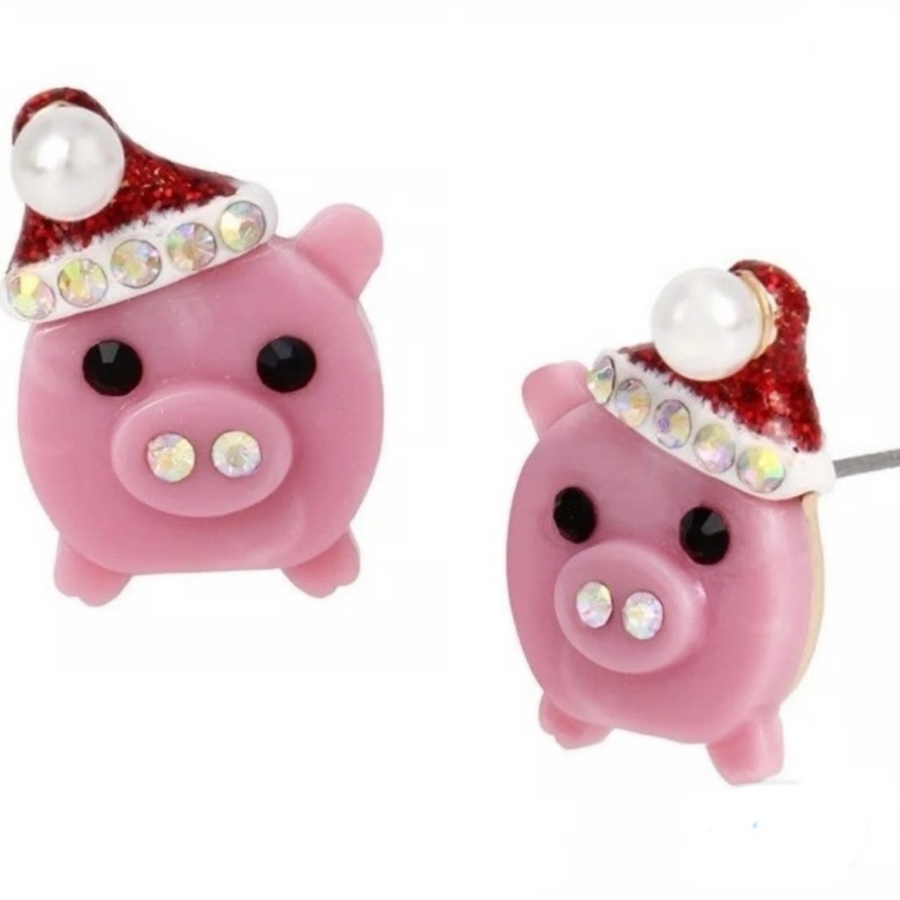 Brand New Betsey Johnson Little Pink Pig Holiday Earring Studs